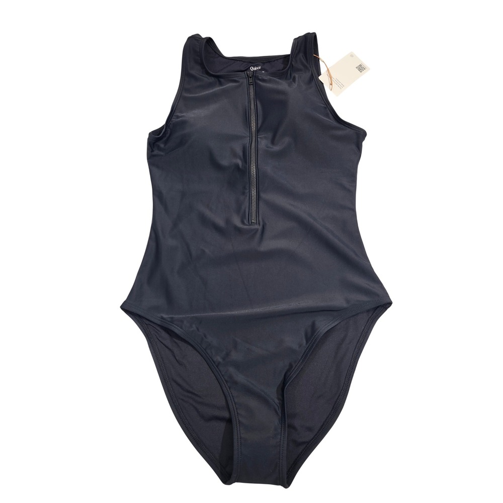 Quince Swimsuit One Piece Womens Medium Black Zip Front Recycled High Neck Sleek
